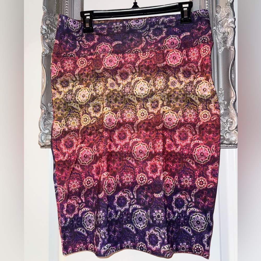 LuLaRoe Cassie Medium Purple, Pink, Yellow & White Patterned Pencil Skirt